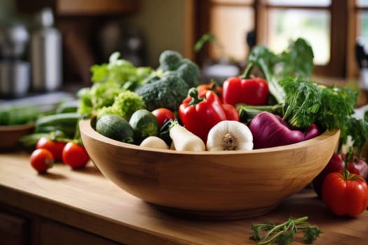 Witness a cornucopia of fresh vegetables in a wooden bowl resting on a kitchen counter, exuding the wholesome essence of homegrown and organic produce.