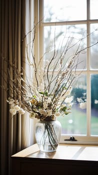 Beautiful floral arrangement with winter, autumn or early spring botanical plants and flowers