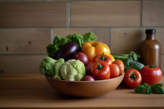 Experience the opulent display of fresh vegetables nestled in a wooden bowl on a kitchen counter, symbolizing the richness and purity of homegrown and organic bounty.