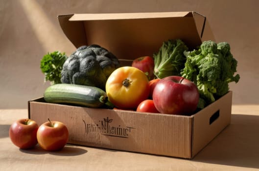 A picturesque scene featuring a medley of organic vegetables, fruits, and herbs positioned elegantly on a cardboard box, set amidst a variety of fresh produce, under a radiant light with earthy hues.