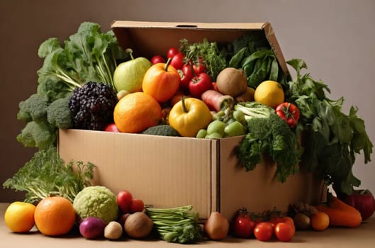 A vibrant display of organic vegetables, fruits, and herbs arranged on a simple cardboard box, surrounded by an abundance of fresh produce, against a backdrop of bright light and earthy tones