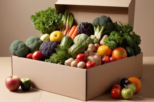 A vibrant display of organic vegetables, fruits, and herbs arranged on a simple cardboard box, surrounded by an abundance of fresh produce, against a backdrop of bright light and earthy tones