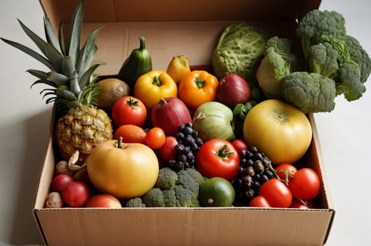 A vibrant display of organic vegetables, fruits, and herbs arranged on a simple cardboard box, surrounded by an abundance of fresh produce, against a backdrop of bright light and earthy tones