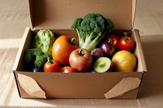 A vibrant display of organic vegetables, fruits, and herbs arranged on a simple cardboard box, surrounded by an abundance of fresh produce, against a backdrop of bright light and earthy tones
