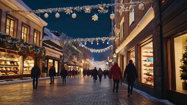 Festive winter wonderland street adorned with twinkling lights and festive décor