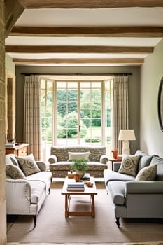 Modern cottage sitting room, living room interior design and country house home decor, sofa and lounge furniture, English Cotswolds countryside style interiors