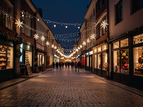 Festive winter wonderland street adorned with twinkling lights and festive décor