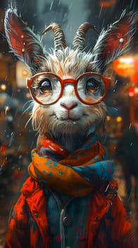 A fictional character with whiskers, fur, and horns is sporting glasses and a scarf. This fun event showcases the goats unique sense of style and art