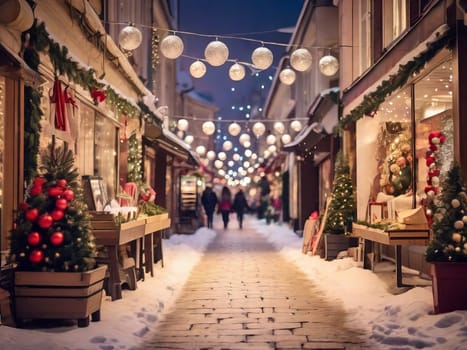 Festive winter wonderland street adorned with twinkling lights and festive décor
