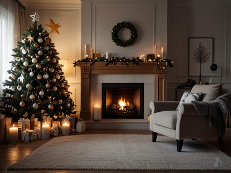 Embrace the warmth of a Cozy Christmas Living Room, complete with a crackling fireplace and enchanting festive décor