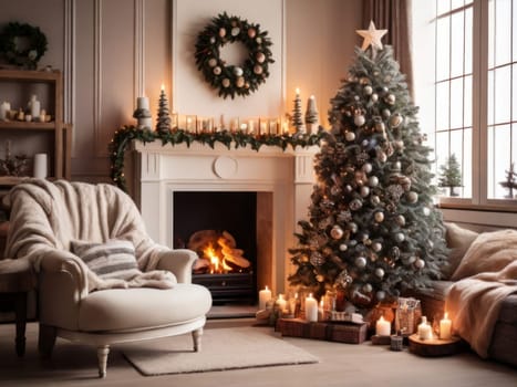 Embrace the warmth of a Cozy Christmas Living Room, complete with a crackling fireplace and enchanting festive décor