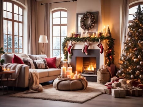 Embrace the warmth of a Cozy Christmas Living Room, complete with a crackling fireplace and enchanting festive décor