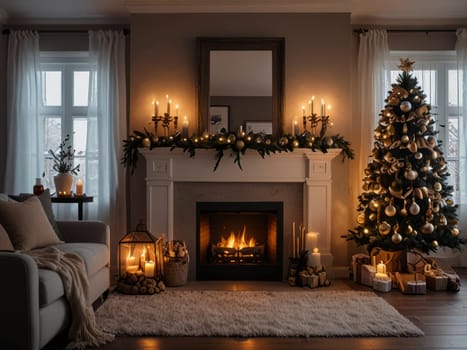 Embrace the warmth of a Cozy Christmas Living Room, complete with a crackling fireplace and enchanting festive décor