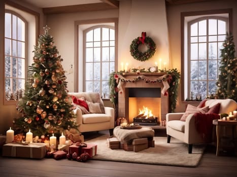 Step into a Christmas wonderland in your living room, where a roaring fireplace awaits amidst the festive decorations
