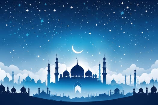 Blue and white Eid AlFitr illustration featuring a mosque silhouette against a foggy sky, adorned with twinkling stars