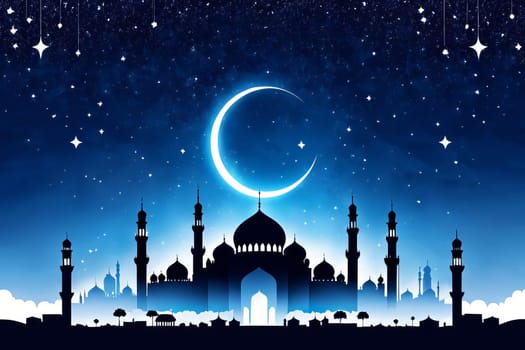 Blue and white Eid AlFitr illustration featuring a mosque silhouette against a foggy sky, adorned with twinkling stars