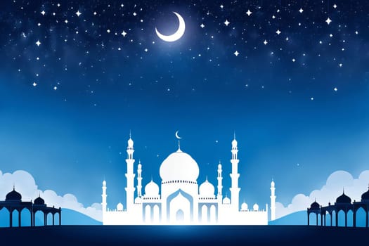 Blue and white Eid AlFitr illustration featuring a mosque silhouette against a foggy sky, adorned with twinkling stars