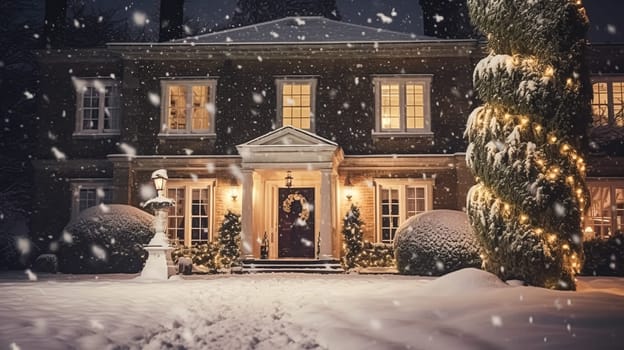 Christmas in the countryside manor, English country house mansion decorated for holidays on a snowy winter evening with snow and holiday lights, Merry Christmas and Happy Holidays design