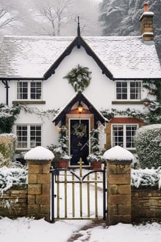Beautiful country cottage decorated for Christmas on a snowy winter day, holiday and celebration, post-processed, generative ai