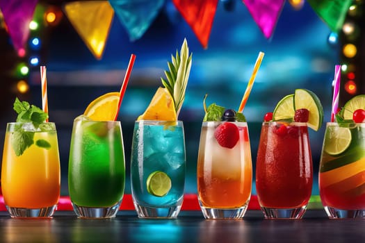 A vibrant and colorful display of cinco de mayo cocktails surrounded by festive decorations, creating a perfect setting for a celebratory fiesta or party