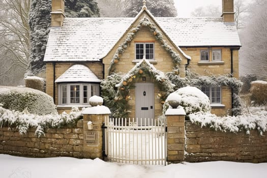 Beautiful country cottage decorated for Christmas on a snowy winter day, holiday and celebration, post-processed, generative ai