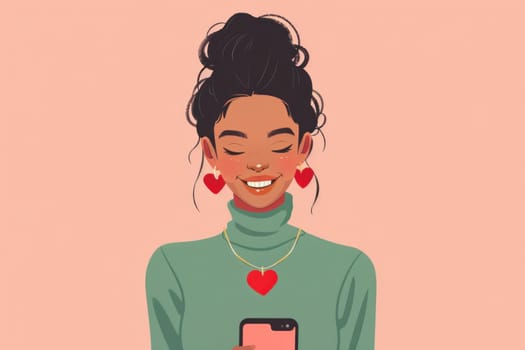 Woman holding cell phone looking at heart on screen, technology relationship love concept beauty art digital device modern communication connectivity online concept travel business trip