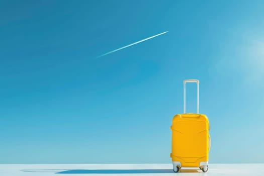 Travel essentials vibrant yellow suitcase against a bright blue sky with a sleek jet plane in the background