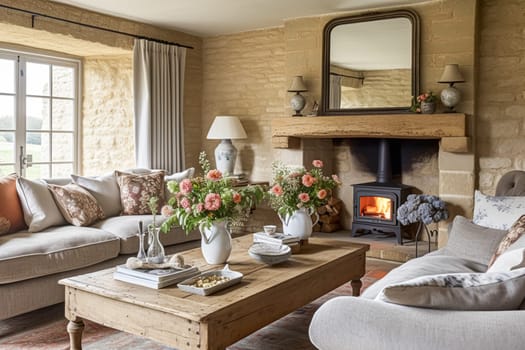 Neutral cottage sitting room with fireplace, living room interior design and country house home decor, sofa and lounge furniture, English countryside style interiors