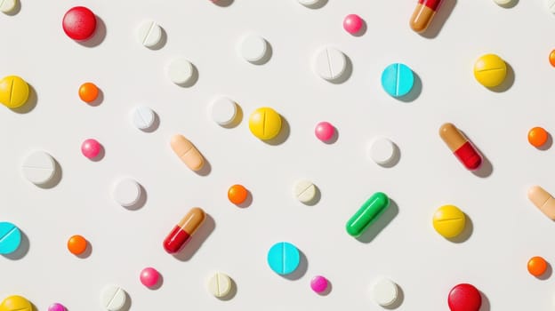 Colorful pills and tablets on a white surface, flat lay, top view medical treatment and health care concept