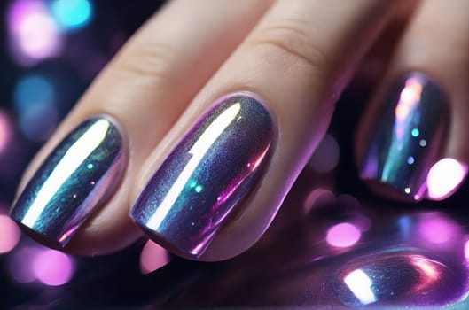 Close-up view of holographic manicure with sparkling gradient colors