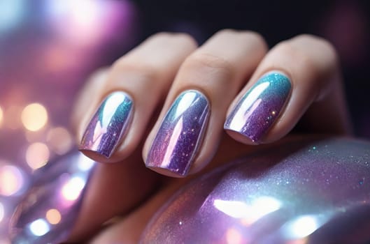 Close-up view of holographic manicure with sparkling gradient colors