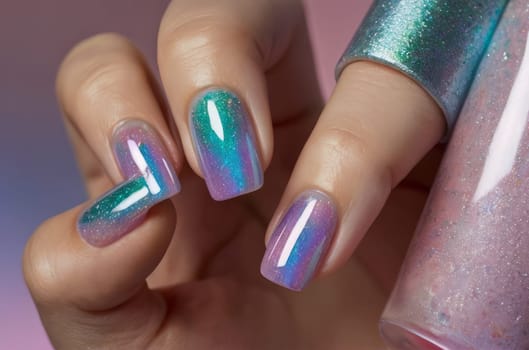 Close-up view of holographic manicure with sparkling gradient colors