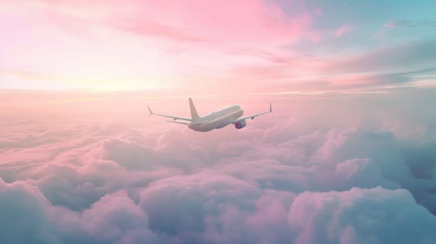 Airplane flying above majestic pink and blue cloudy sky in inspiring travel adventure scene