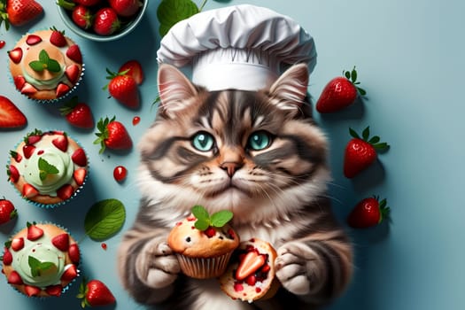 cute cat chef with berry muffins, top view .