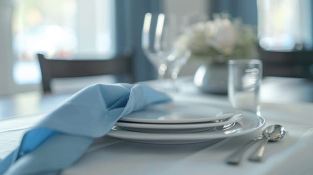 Elegant table setting with blue napkin, white plate, silverware, glass of water dining in style and sophistication