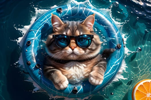 cat in an inflatable ring floats on the sea, top view .