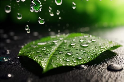 Drops of water on the green leaves of the plant. Macro shooting