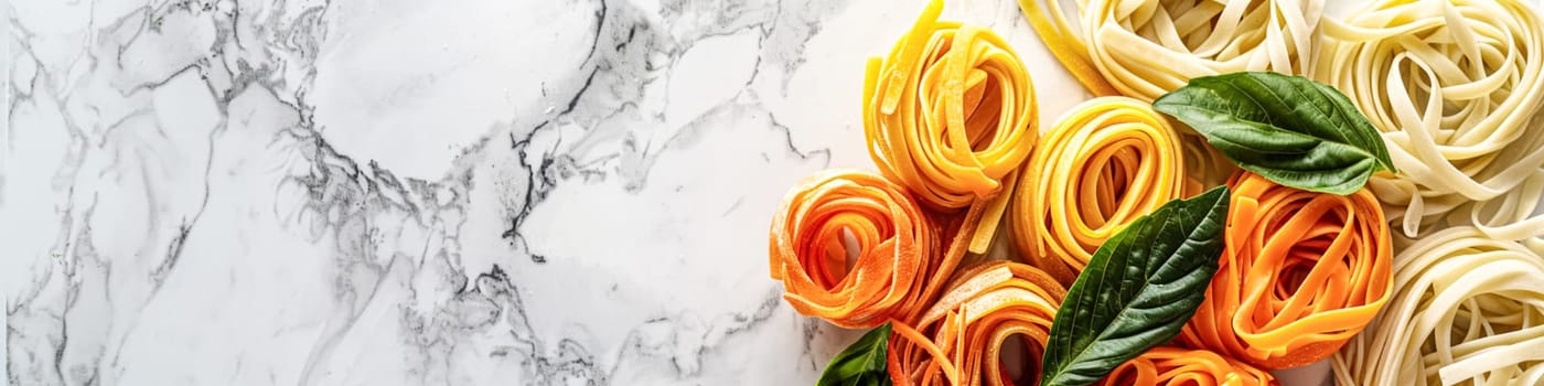 Pasta recipe preparation flatlay background with ingredients, spaghetti, olive oil, garlic, tomatoes and spices in the kitchen, homemade food recipe idea