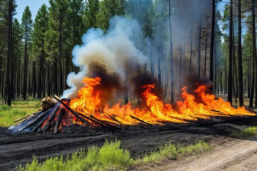 A raging wildfire burns through a forest in California, threatening homes and wildlife. Firefighters are on the scene, working to contain the blaze and prevent it from spreading.