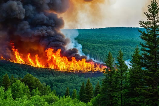 A raging wildfire burns through a forest in California, threatening homes and wildlife. Firefighters are on the scene, working to contain the blaze and prevent it from spreading.