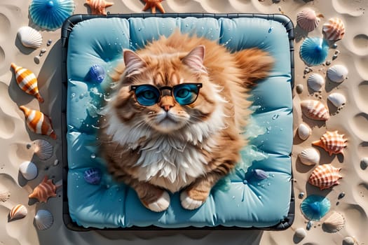 a cat in sunglasses on an air mattress sunbathing in the summer sun, top view .