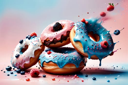 delicious bright sweet donuts with colored glaze and berries .