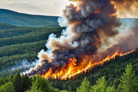 A raging wildfire burns through a forest in California, threatening homes and wildlife. Firefighters are on the scene, working to contain the blaze and prevent it from spreading.