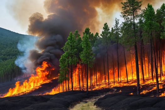 A raging wildfire devastates the forest, endangering the ecosystem and communities. Firefighters show exceptional courage battling the flames to protect lives and property.