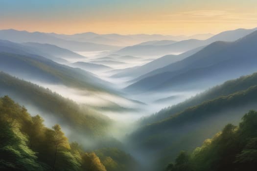 Beautiful landscape with fog in the mountains and forest. Natural background. Early morning mist.