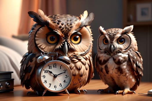 cute beautiful owl sitting with an alarm clock on the table in the room .