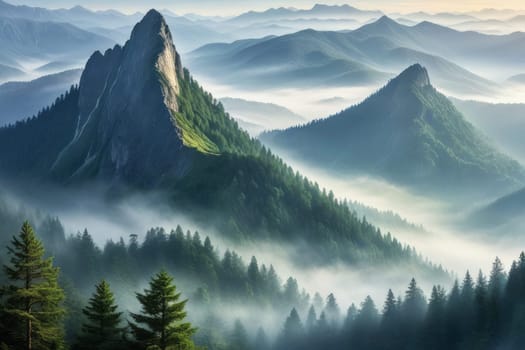 Beautiful landscape with fog in the mountains and forest. Natural background. Early morning mist.