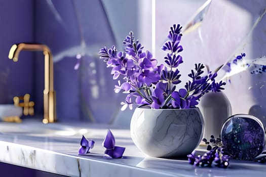 Cozy corner in a stylish bathroom with a bouquet of lavender on a marble countertop. Aroma of luxury