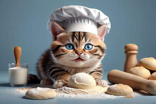 Professional chef, cute cat in a chef's hat kneads dough for bread .
