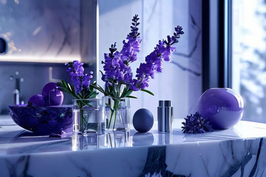 Cozy corner in a stylish bathroom with a bouquet of lavender on a marble countertop. Aroma of luxury